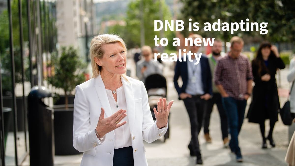 Kjerstin Braathen outdoors, with the headline “DNB is adapting to a new reality”.