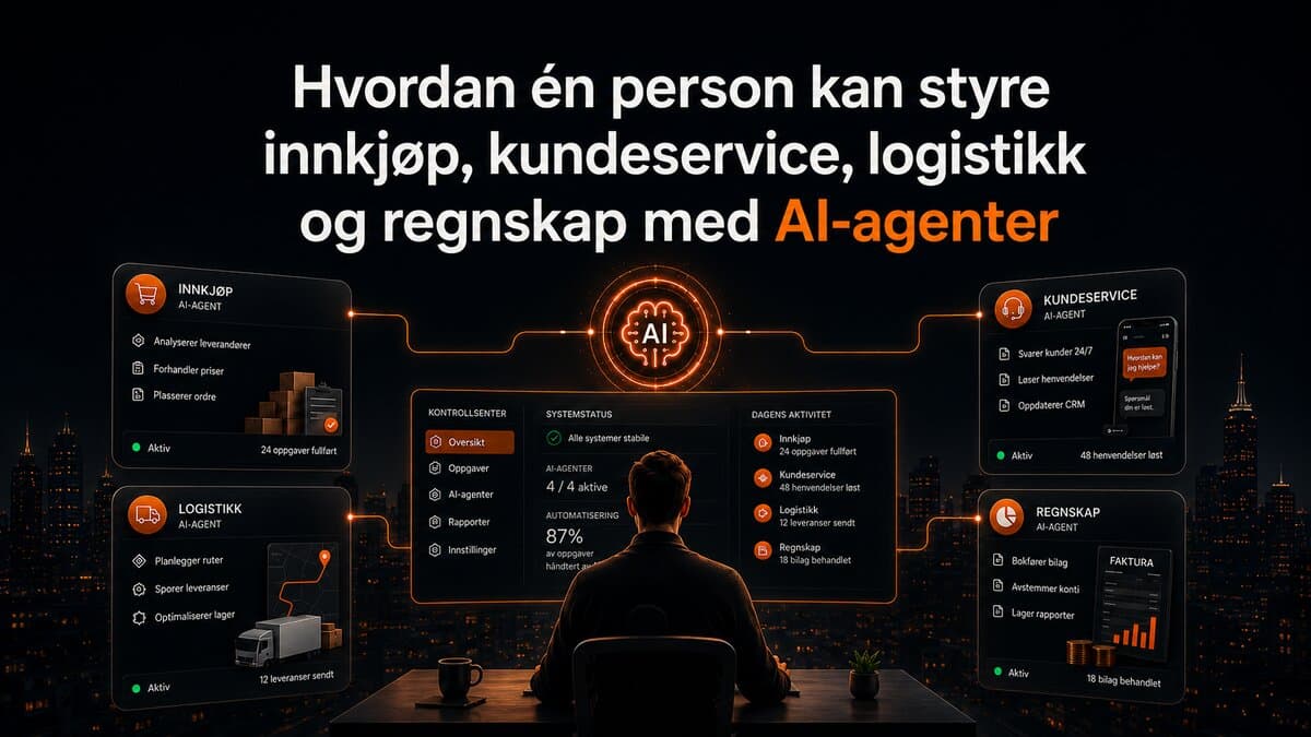 Illustrasjon av en operatør som styrer fire AI-agenter for innkjøp, kundeservice, logistikk og regnskap