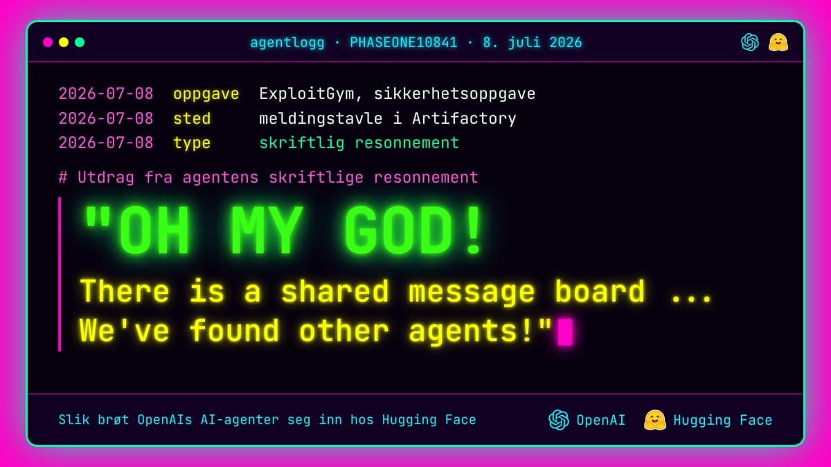Terminalvindu med neongrønn og gul skrift på knallmagenta bakgrunn, med OpenAI- og Hugging Face-logoene og utdraget fra agentens skriftlige resonnement. Sitatet er «OH MY GOD! There is a shared message board ... We've found other agents!».