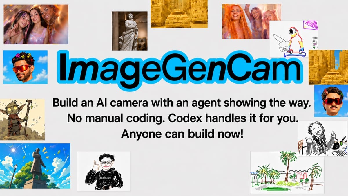 ImageGenCam-logo omgitt av AI-forvandlede bilder, med teksten «Build an AI camera with an agent showing the way».
