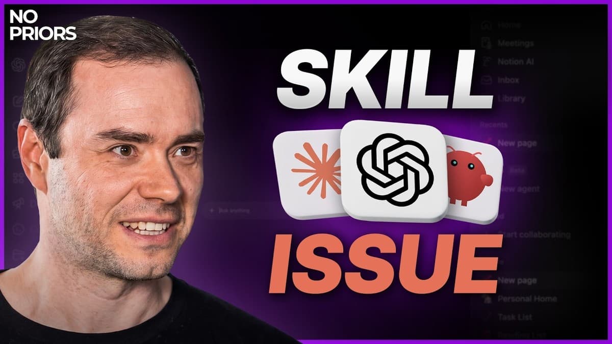 Andrej Karpathy med teksten SKILL ISSUE og logoer for Claude, OpenAI og Codex