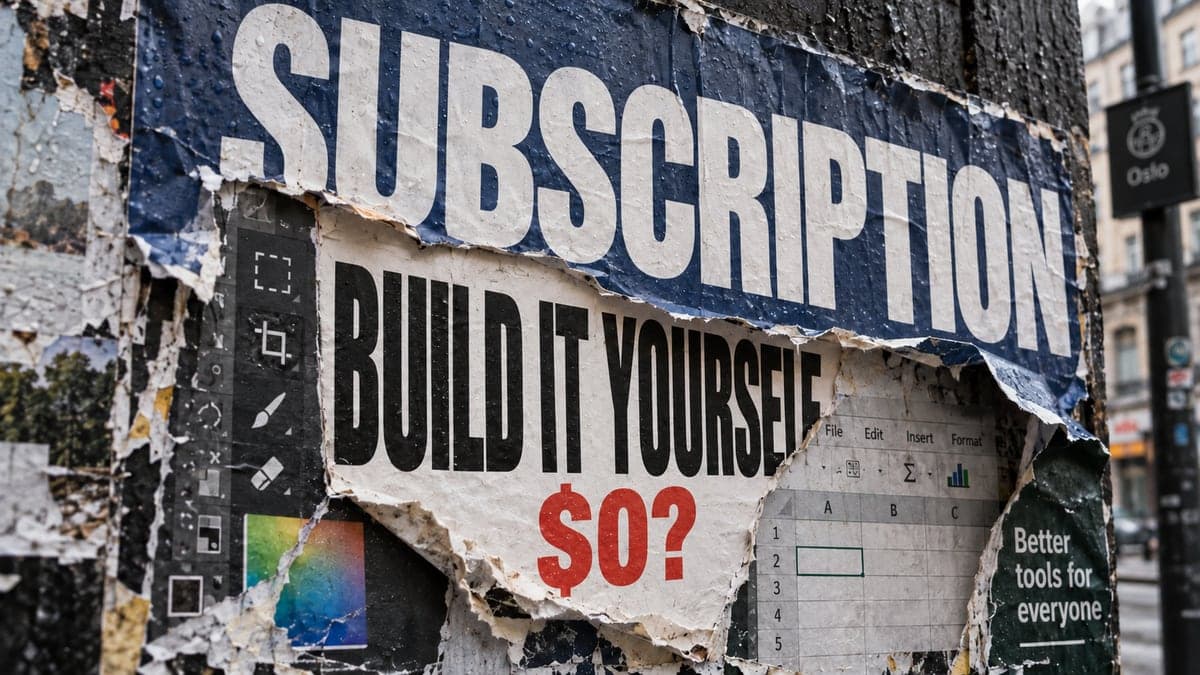 A weathered "SUBSCRIPTION" poster peels away to reveal "BUILD IT YOURSELF" and "$0?" between layers of software interfaces.
