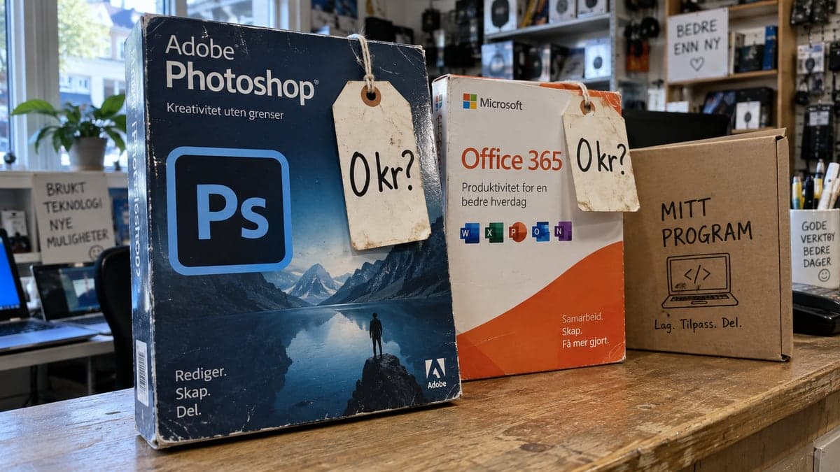 Produktbokser for Photoshop og Office 365 med prislapper merket «0 kr?», ved siden av en boks merket «MITT PROGRAM».