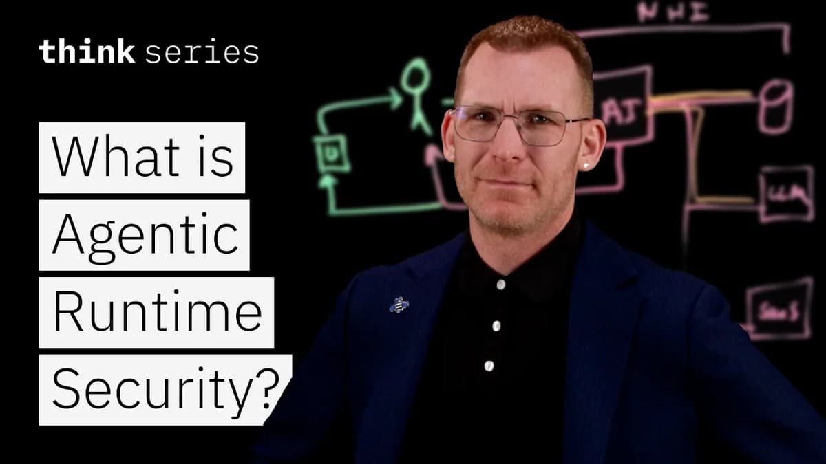 Tyler Lynch fra IBM forklarer agentic runtime security med et arkitekturdiagram i bakgrunnen
