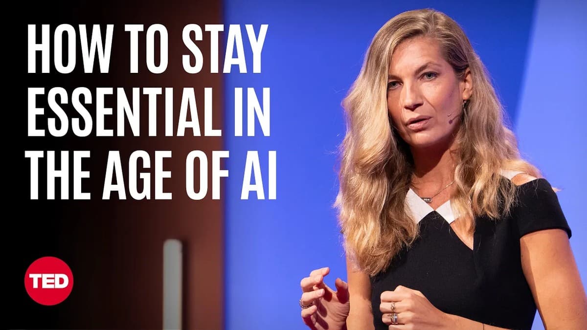Vinciane Beauchene på TED-scenen med teksten 'How to Stay Essential in the Age of AI'