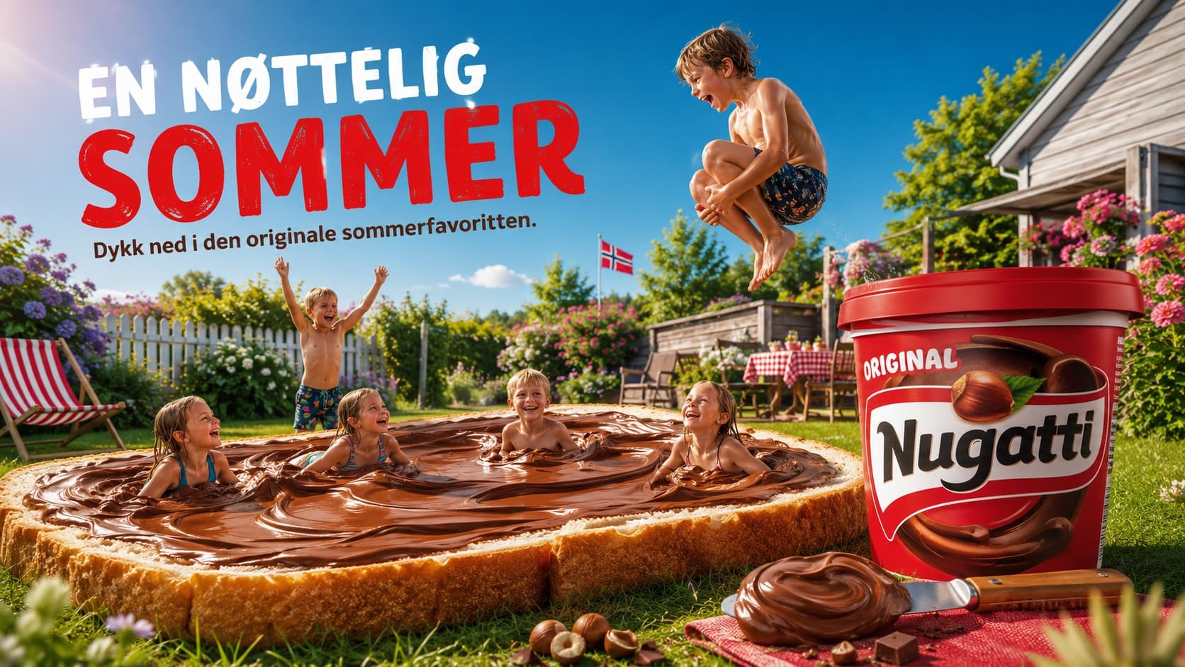 AI-generated ad parody: children bathing in a giant slice of bread with Nugatti spread in a Norwegian summer garden, with the text «En nøttelig sommer».