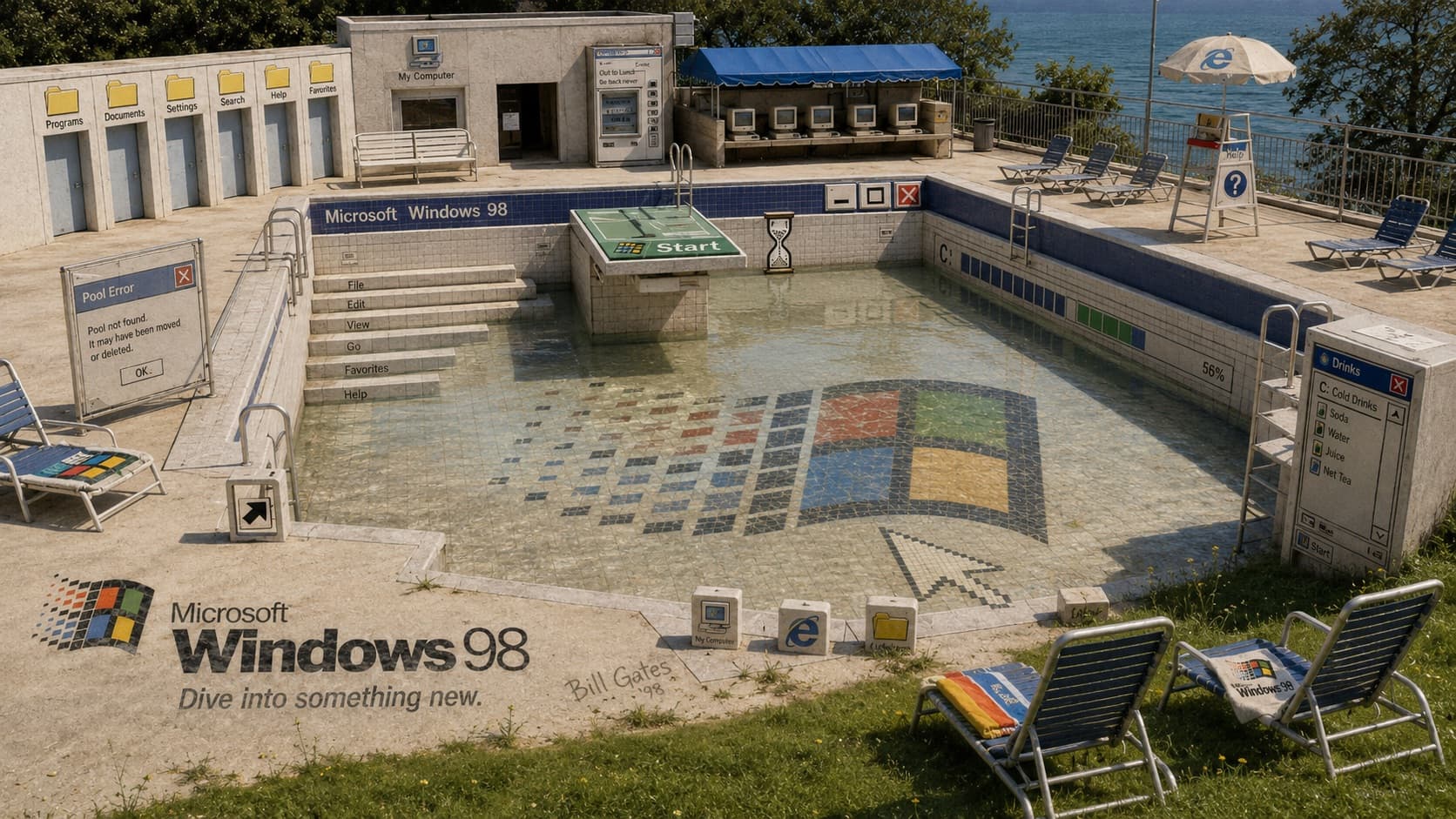 AI-generert reklamebilde: et forlatt utendørsbasseng stylet som Windows 98, med en gigantisk Windows-logo-mosaikk i bunnen og en pikslet musepeker, garderobeboder merket Programs, Documents og Settings, en grønn «Start»-stupepall, en «Pool not found»-feilmelding, en fremdriftslinje på 56 prosent og solsenger med Windows 98-håndklær. Tagline: «Dive into something new».