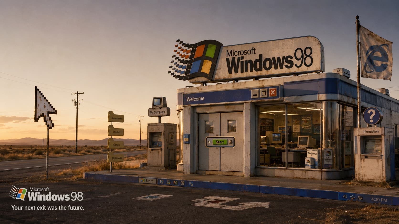 AI-generert reklamebilde: en veikro og bensinstasjon i solnedgang stylet som Windows 98, med et stort «Microsoft Windows 98»-skilt, en grønn «Start»-dør, en oppgavelinje langs bakken, en «My Computer»-kiosk, et mappe-skilt med Accessories, Internet, Games og Multimedia, og en pikslet musepeker. Tagline: «Your next exit was the future».