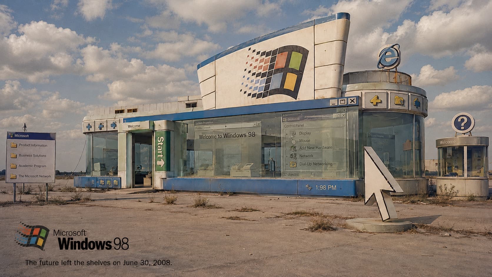 AI-generated advertising image: an abandoned showroom building shaped like the Windows 98 interface, with the Windows logo on the roof, a glass facade with «Welcome to Windows 98» and a Control Panel window, a green «Start» entrance, an Internet Explorer sign and a giant mouse-cursor sculpture in a desolate desert landscape. Tagline: «The future left the shelves on June 30, 2008».
