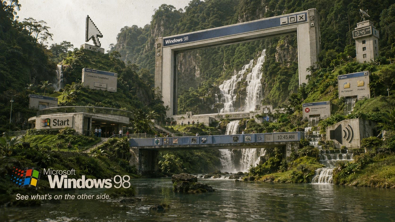 AI-generert reklamebilde: en frodig jungeldal med fossefall der Windows 98-grensesnittet er blitt gigantiske byggverk, med en enorm vindusramme som åpner mot fossen, et «Start»-bygg, en pikslet musepeker-skulptur på en ås og en oppgavelinje-bro med ikoner. Tagline: «See what's on the other side».