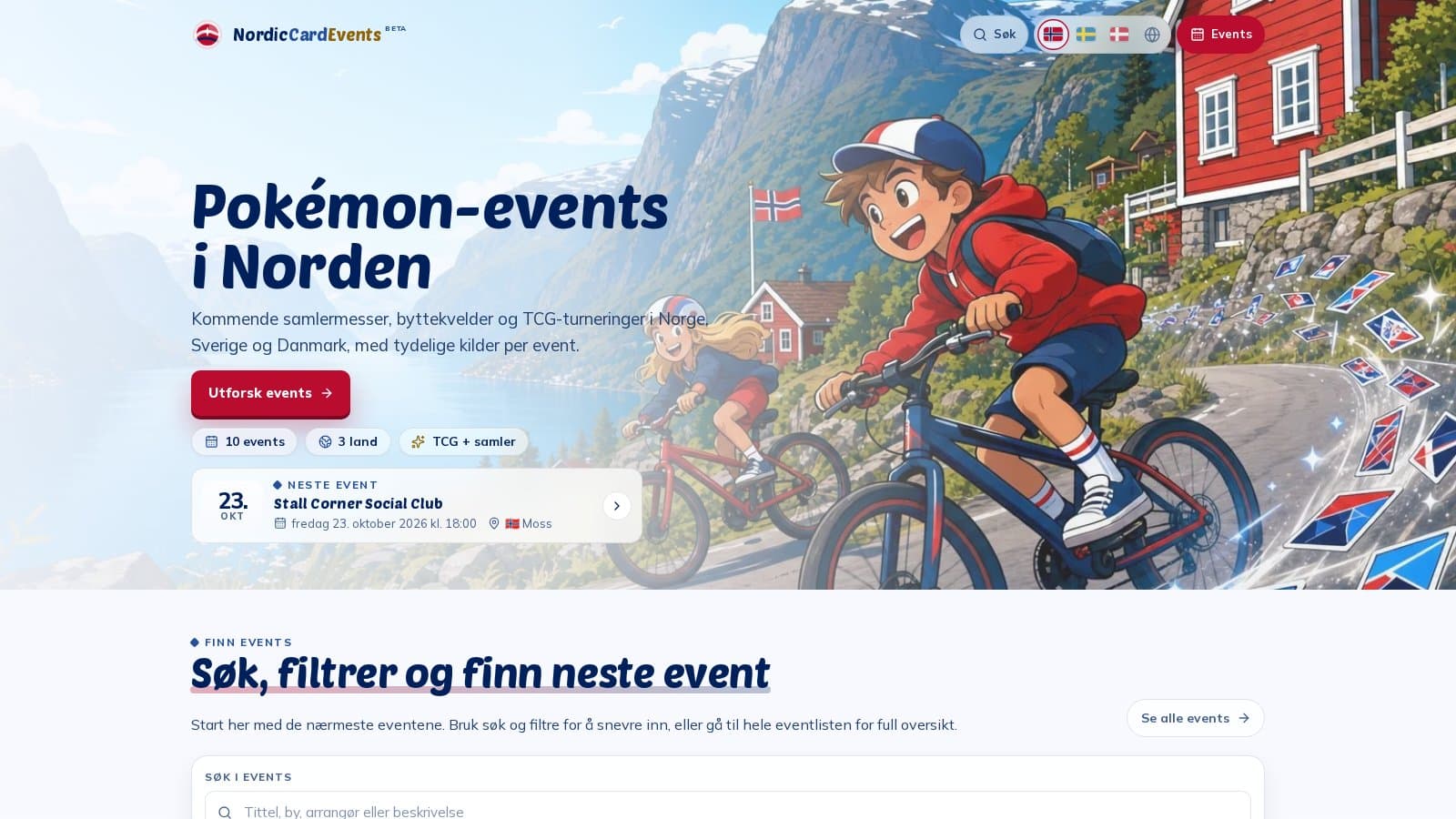 Skjermbilde av forsiden til NordicCardEvents med norsk tema: overskriften «Pokémon-events i Norden», knappen «Utforsk events» og neste event, over en illustrasjon av to barn som sykler gjennom et norsk fjordlandskap med røde hus, norsk flagg og Pokémon-kort i lufta.