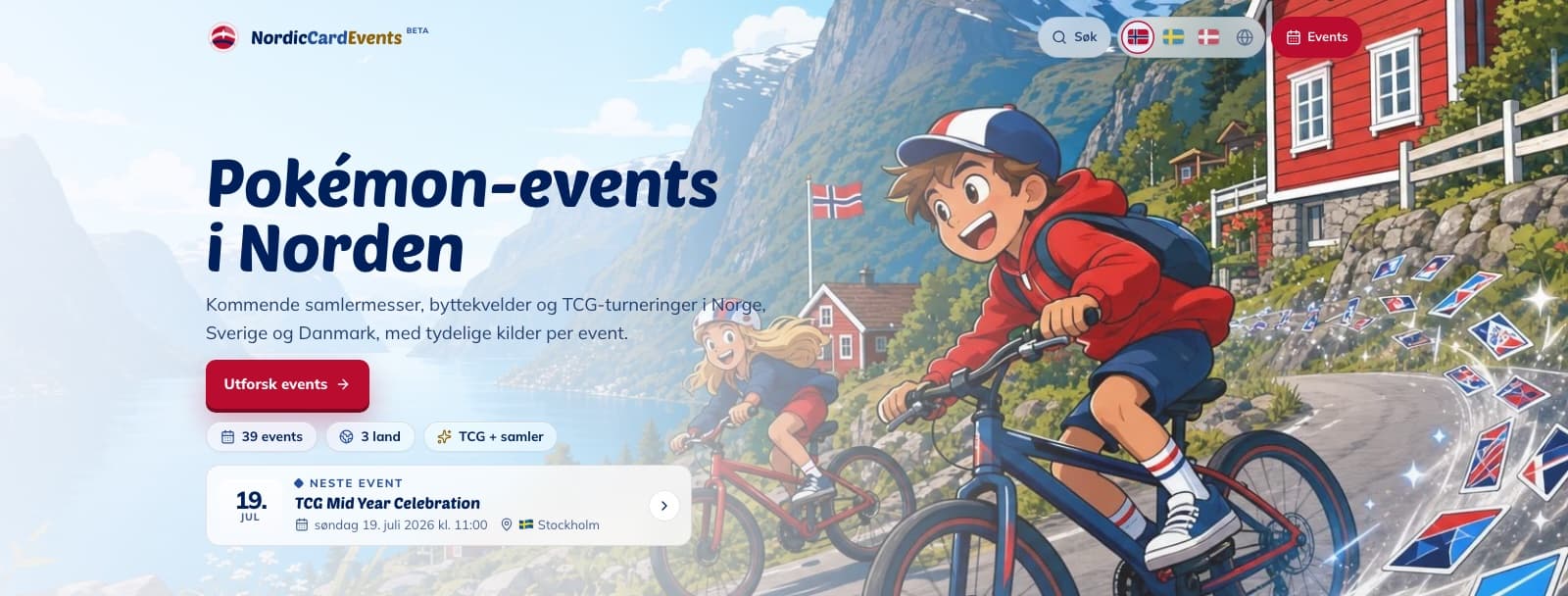 Skjermbilde av NordicCardEvents-forsiden med norsk landstema: rød, hvit og blå palett og illustrasjon av barn som sykler i norsk fjordlandskap med Pokémon-kort.