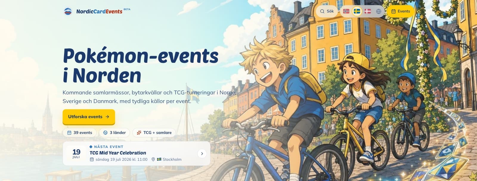 Skjermbilde av NordicCardEvents-forsiden med svensk landstema i gult og blått.