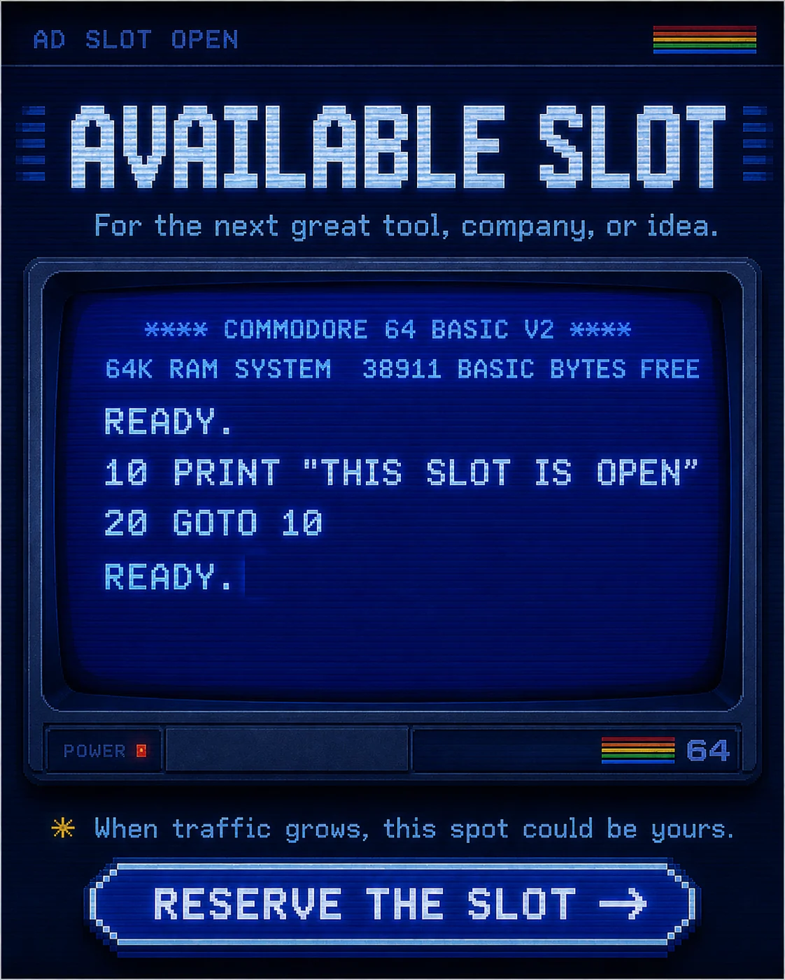 Available ad slot on gln75.ai, Commodore 64 style