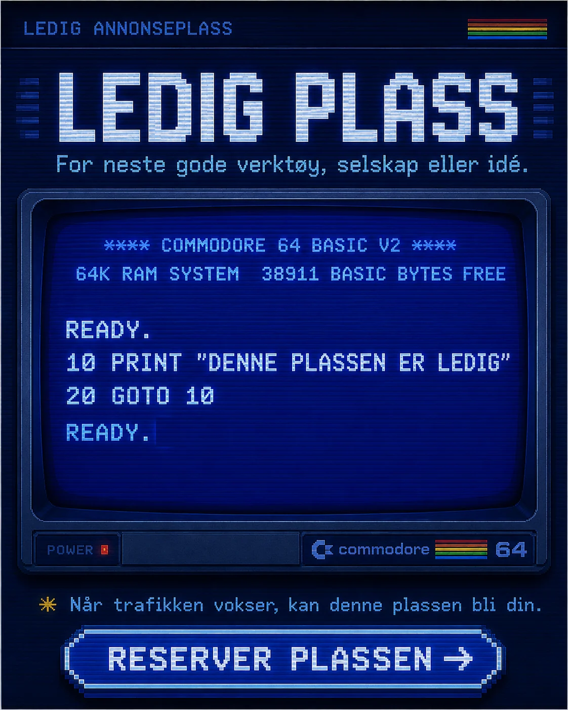 Ledig annonseplass på gln75.ai, i Commodore 64-stil