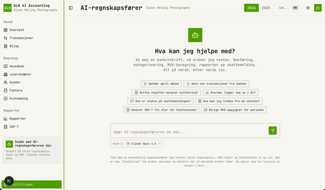 AI-regnskapsfører i GLN AI Accounting med spørsmålet Hva kan jeg hjelpe med, og forslag som Bokfør april måned, Generer SAF-T fil og Beregn MVA-oppgjøret for perioden, drevet av Claude Opus 4.6