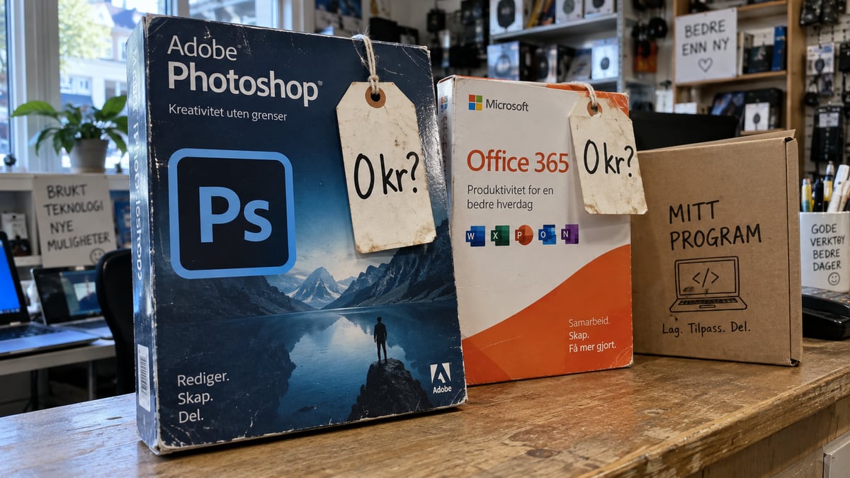 Produktbokser for Photoshop og Office 365 med prislapper merket «0 kr?», ved siden av en boks merket «MITT PROGRAM».
