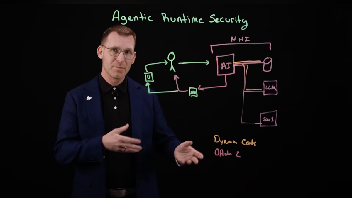 Tyler Lynchs tavlediagram som viser hele arkitekturen for agentic runtime security: en bruker med IDP og OAuth 2.0 CIBA kobler seg til en AI-agent, som kobler seg videre til database, LLM og SaaS under ikke-menneskelig identitet (NHI)